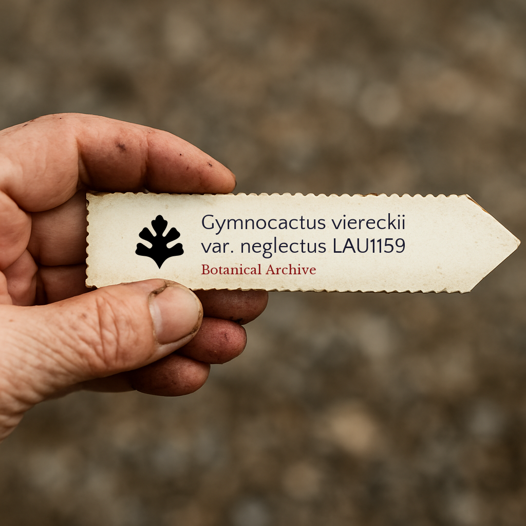 Printed plant label for Gymnocactus viereckii var. neglectus held by hand with dirt background