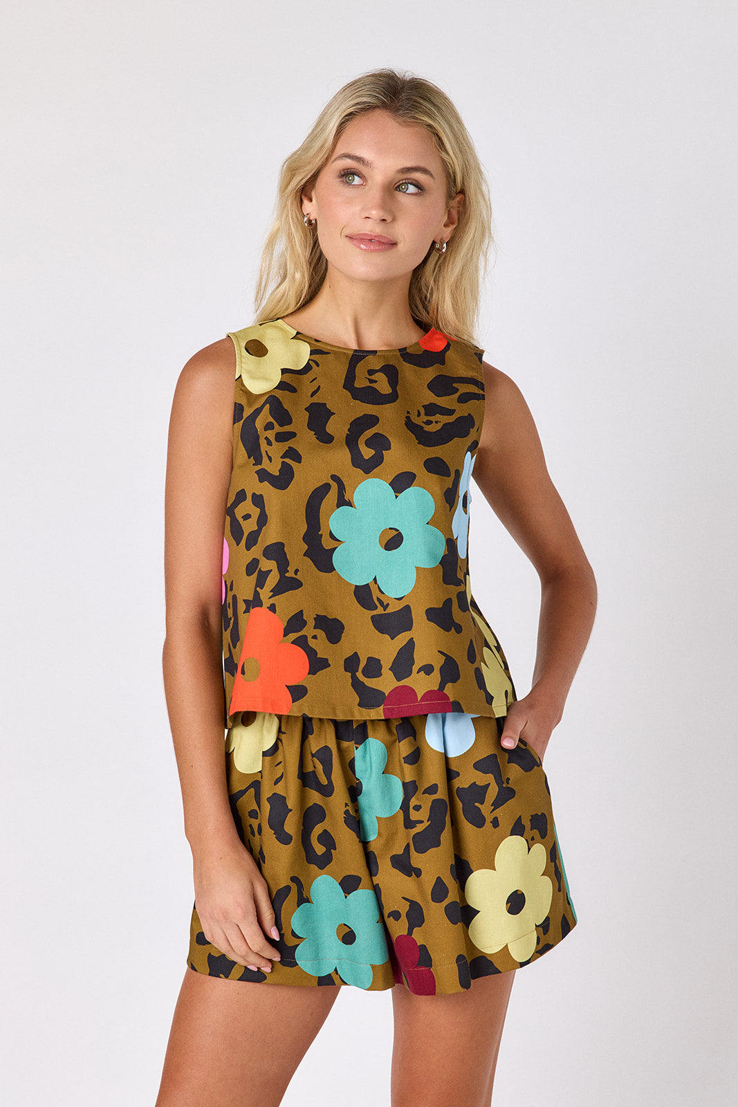 Happy Leopard shorts with matching boxy tank on model — CROSBY by Mollie Burch