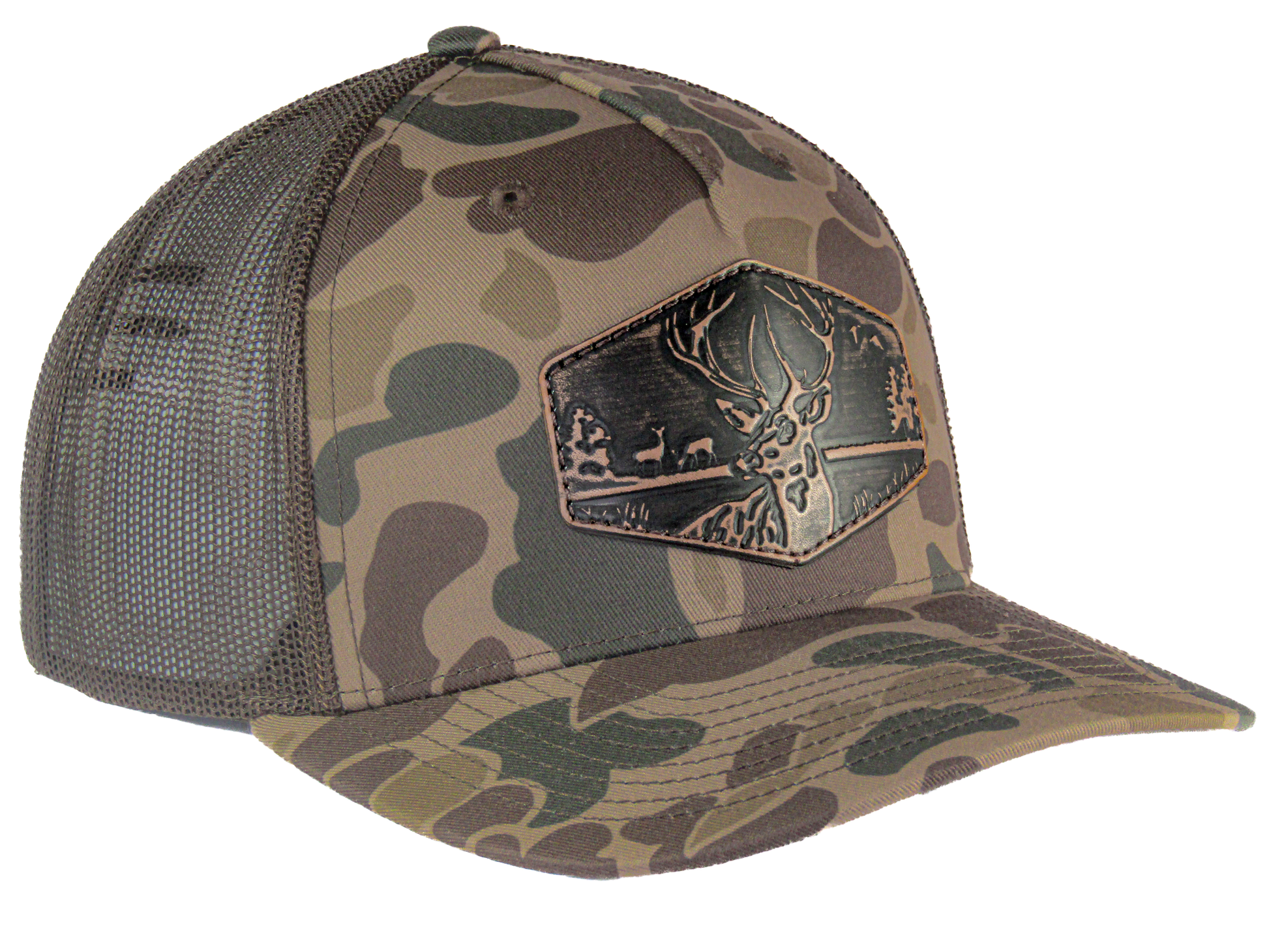 5 Panel Brown Camo Buck Patch Hat