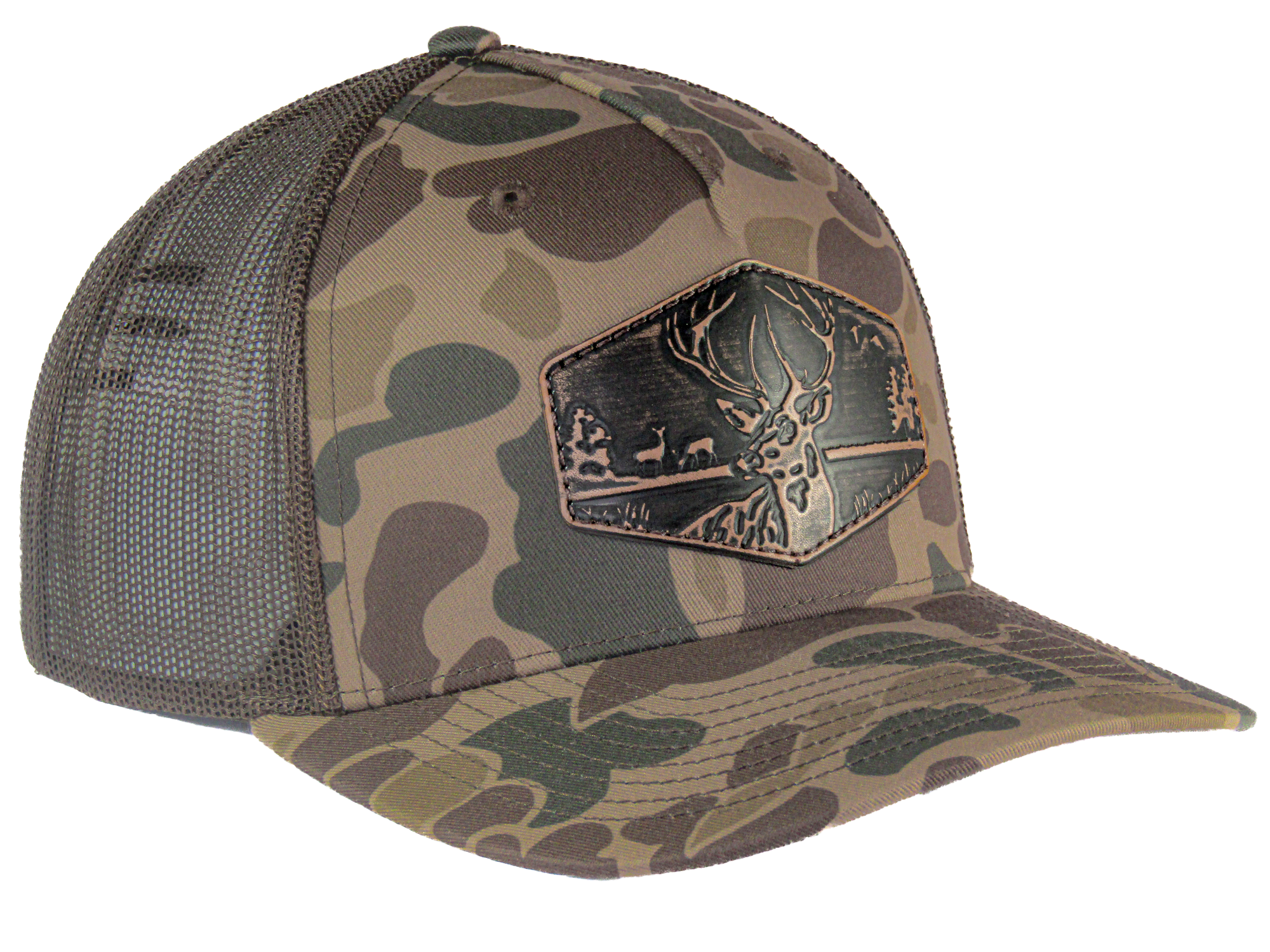 5 Panel Brown Camo Buck Patch Hat