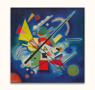 Wassily Kandinsky - Blue Painting: Abstract geometric design with colorful shapes and lines on deep-blue canvas, reminiscent of 1920s composition style. Hand-painted, ready to hang.