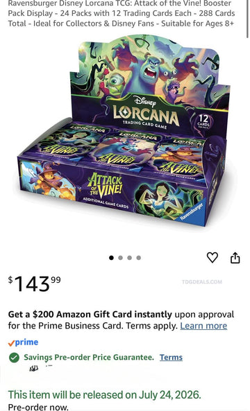 Disney Lorcana: Attack of the Vine! Booster Box is up for preorder on  Amazon for $143.99. Includes 24 booster packs (288 total cards) and is  covered by Amazon's Pre-Order Price Guarantee. https://t.co/QRlrLS0xaB #
