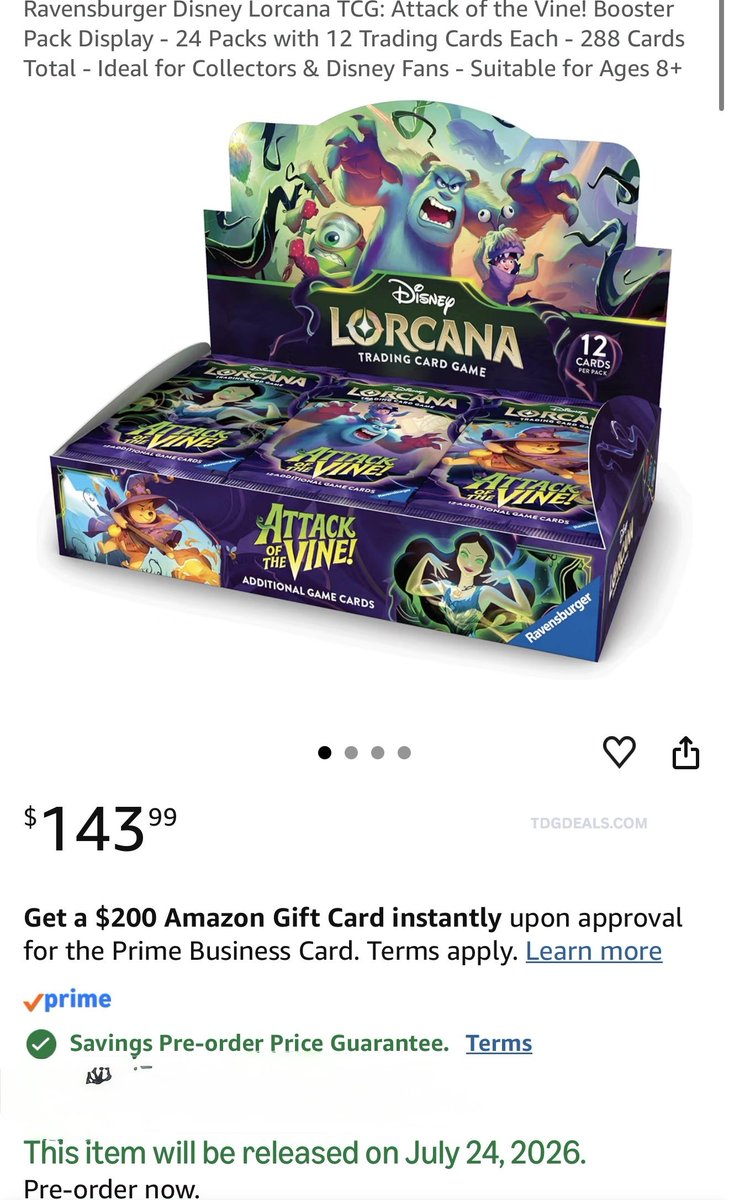Disney Lorcana: Attack of the Vine! Booster Box is up for preorder on  Amazon for $143.99. Includes 24 booster packs (288 total cards) and is  covered by Amazon's Pre-Order Price Guarantee. https://t.co/QRlrLS0xaB #