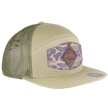 Richardson 168 7 Panel Loden green hat with loden mesh backing. This hat features a flat bill, burnished bass fish patch on the front, and an adjustable snapback.