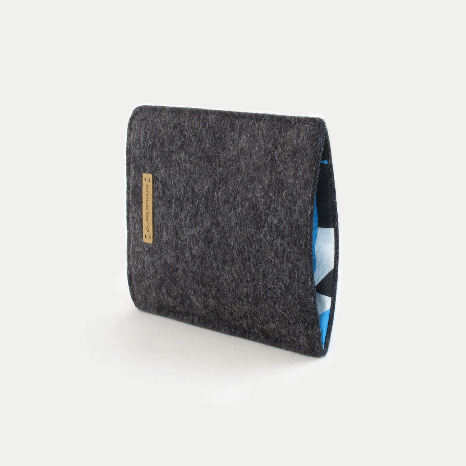 Handytasche für Motorola Edge 60 fusion aus anthrazit Wollfilz und Baumwolle, innen blau, stilvolles Design.