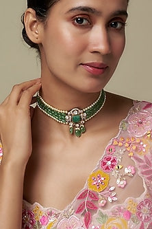 Gold Finish Moissanite Polki & Green Stone Choker Necklace In Sterling Silver
