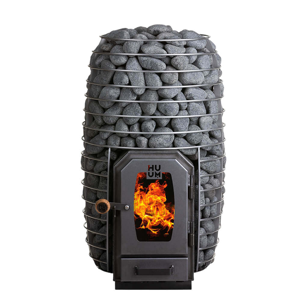 Wood stove with glowing flames and pebbles on a white background