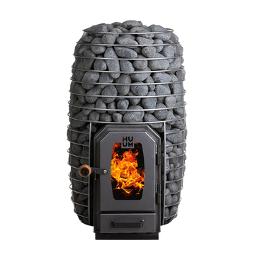 Wood stove with glowing flames and pebbles on a white background