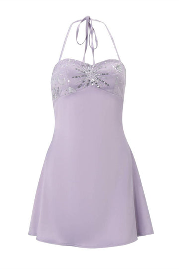 Halter Lilac Sequin Bust A-line Short Dress