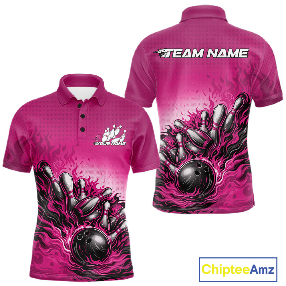 Men’s bowling polo shirt mockup front and back showing flame bowling ball striking pins design on a pink shirt