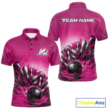 Men’s bowling polo shirt mockup front and back showing flame bowling ball striking pins design on a pink shirt