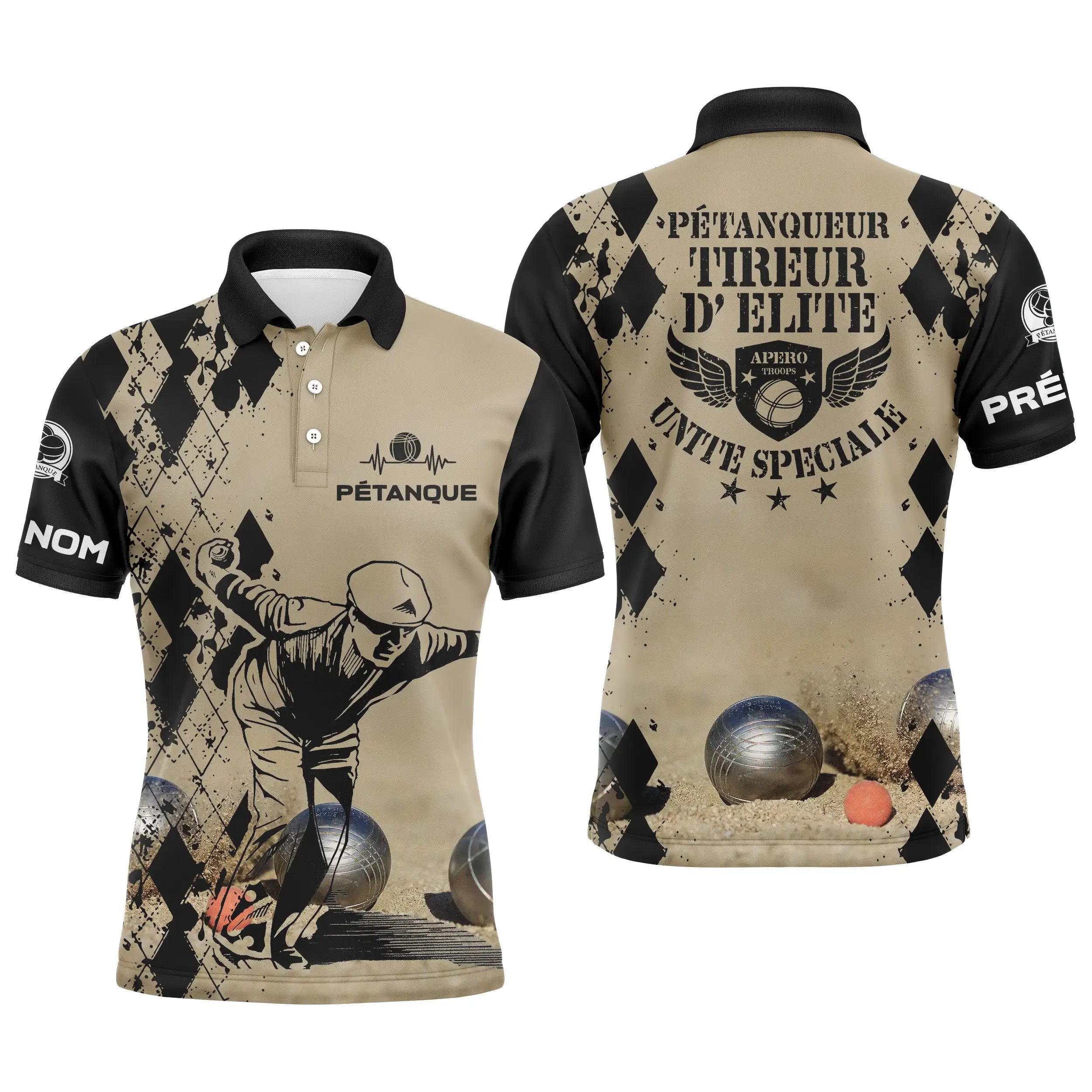 Polo pétanque sable noir tireur élite unité spéciale joueur boules dos manche prénom personnalisé