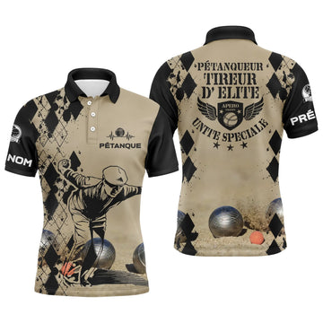 Polo pétanque sable noir tireur élite unité spéciale joueur boules dos manche prénom personnalisé