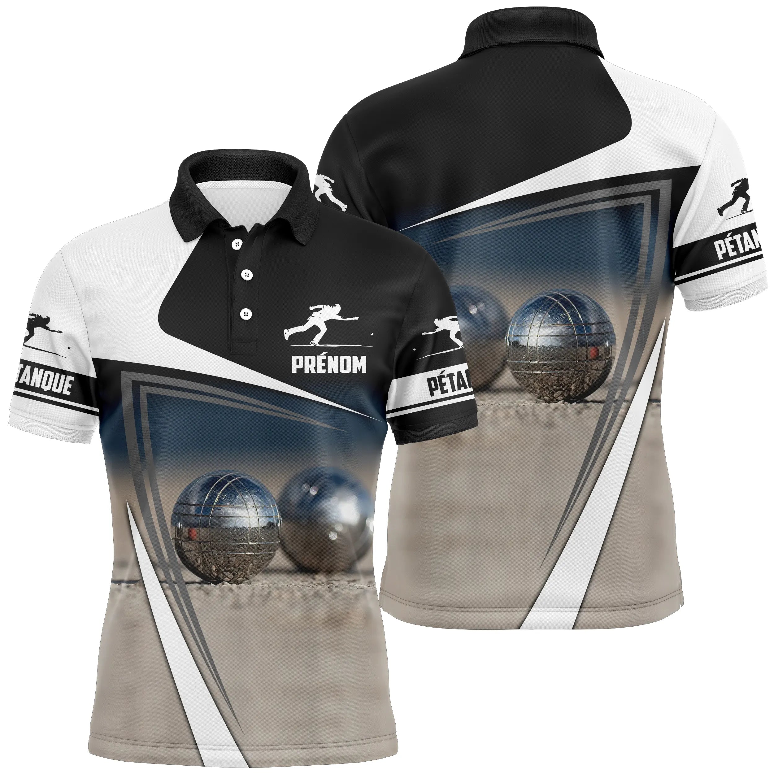 Polo pétanque noir et blanc homme avec bouliste et boules métalliques sur sable, prénom et logo torse personnalisés