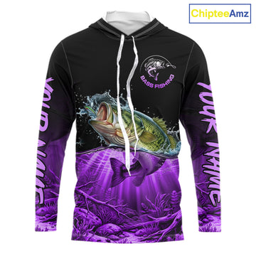 Largemouth Bass Fishing Shirt Long Sleeve Hooded For Tournament – Angler Gift For Men Dad| Purple NHT852