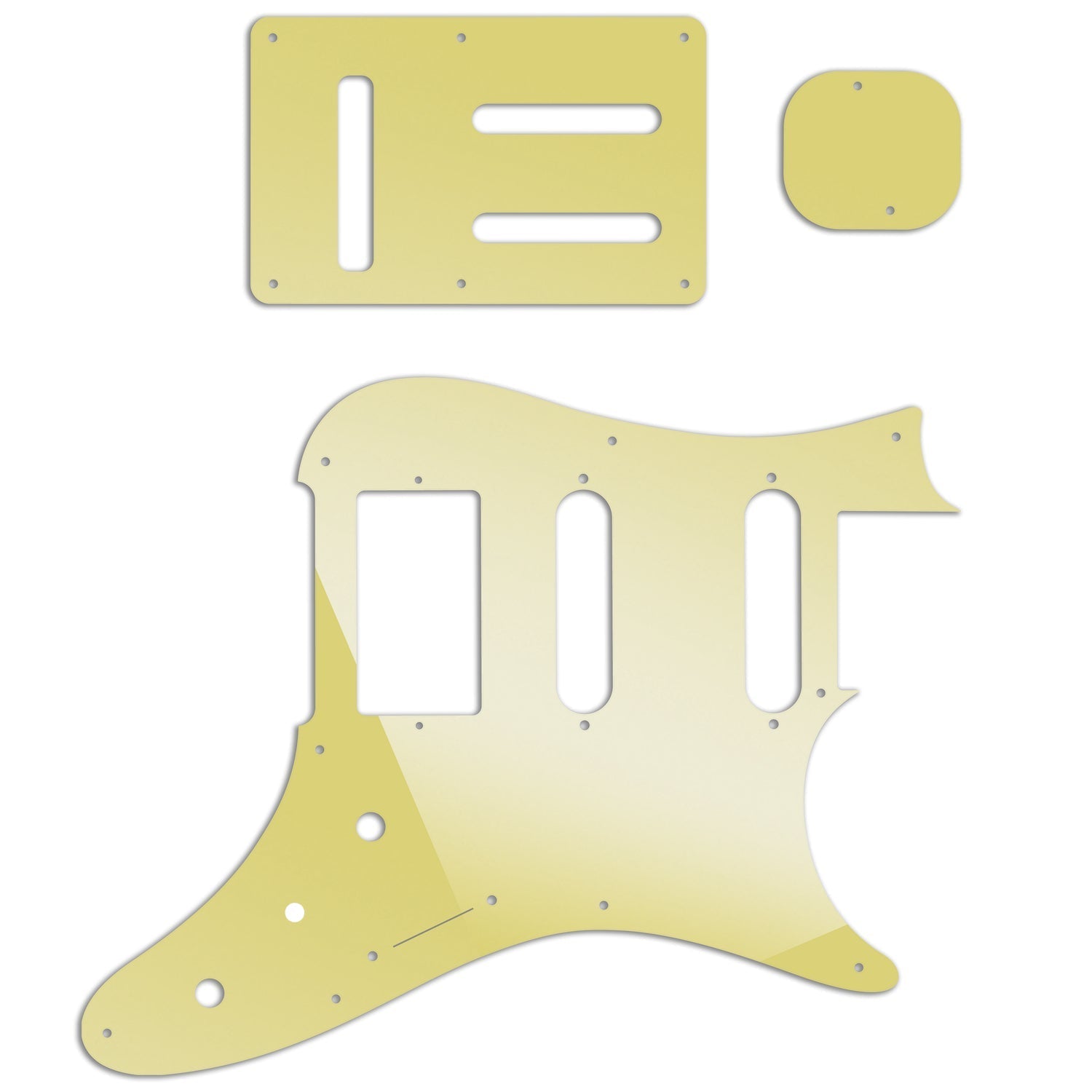 A set of replacement pickguard and backplates for an Ibanez Prestige AZ2204 guitar, in brushed gold color, including a pickguard, two backplates, and a small round piece.