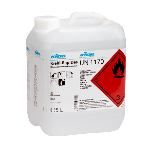 Un detergent lichid de curățare și dezinfectare rapidă Kiehl RapiDés de 5 litri, produs de Johannes Kiehl KG, destinat curățării și dezinfectării rapide, cu avertisment privind inflamabilitatea, informații despre substanțele chimice și simboluri de siguranță pe partea din față.