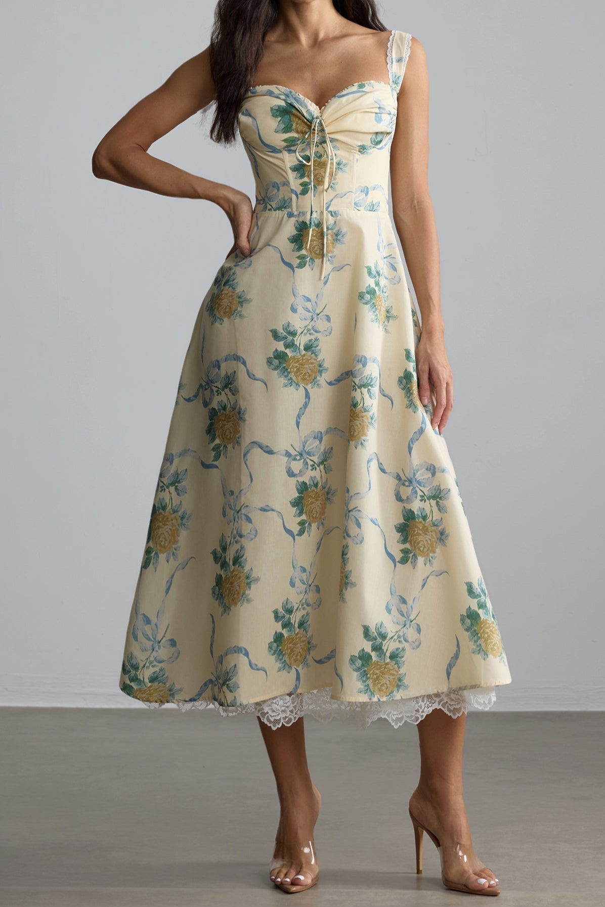 Hannah-Lou Floral Print Sweetheart Midi Dress in yellow