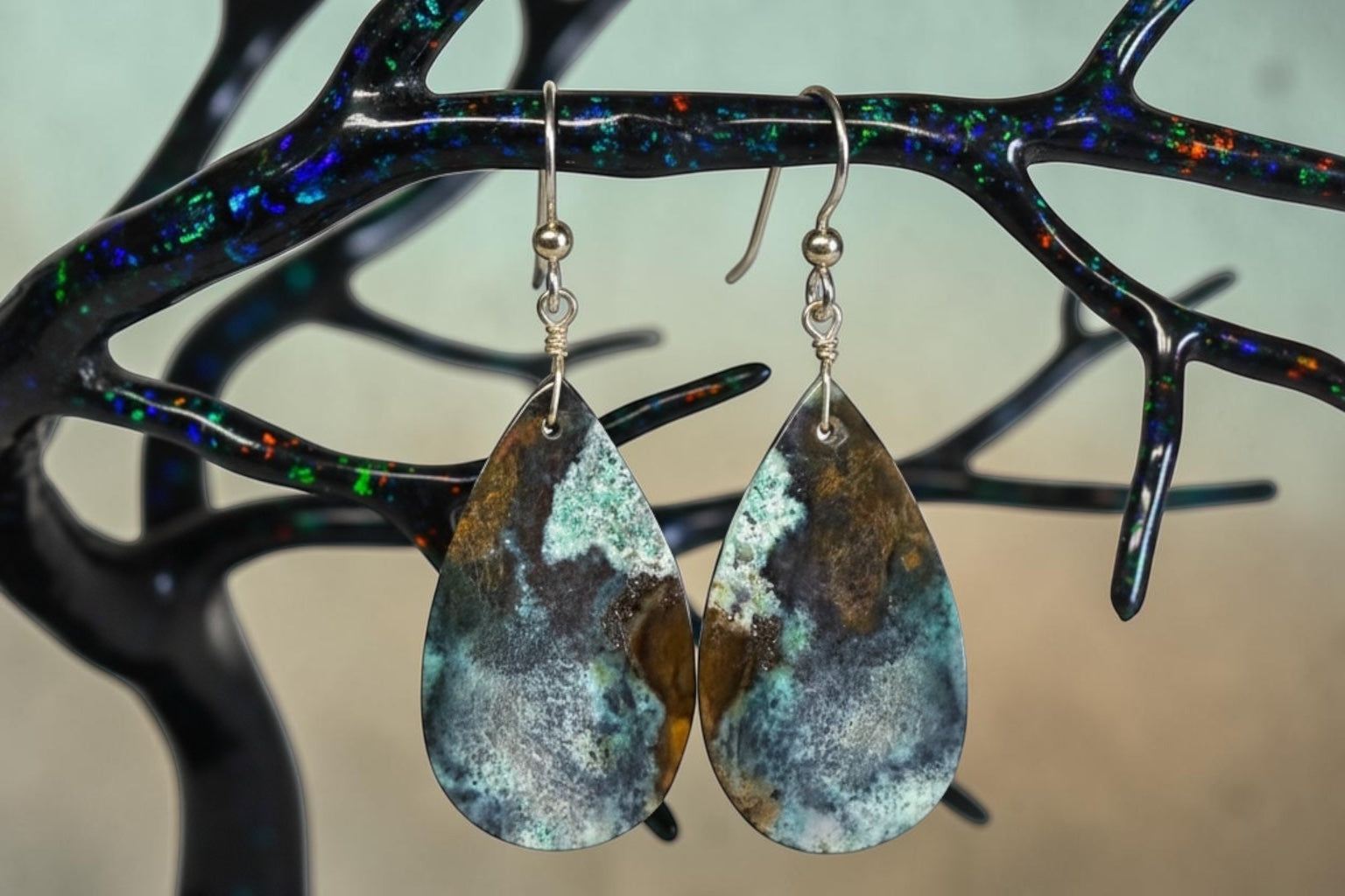 Earrings with opalized wood