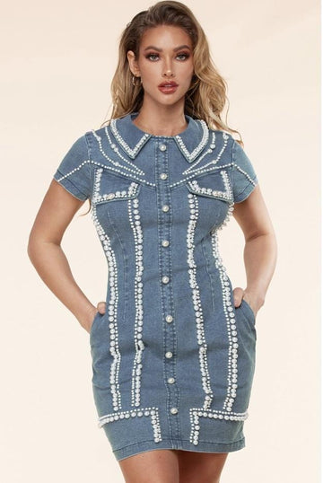 Pearl Bead Studded Denim Dress