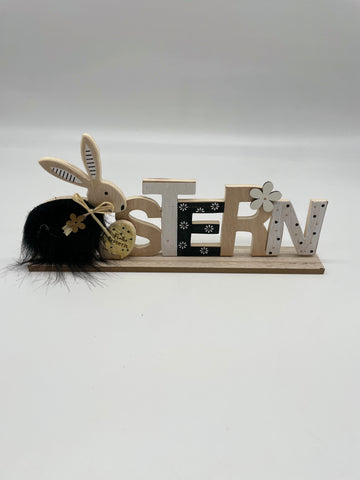 Dekofigur, Hase, Fell schwarz, Schriftzug, Dekoration, Osterdekoration, Ostern, Holz, Aufsteller, Frühling