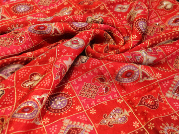 Chinon Bandhini Position Work Fabric | 42 Inch | Poly Viscose | Red