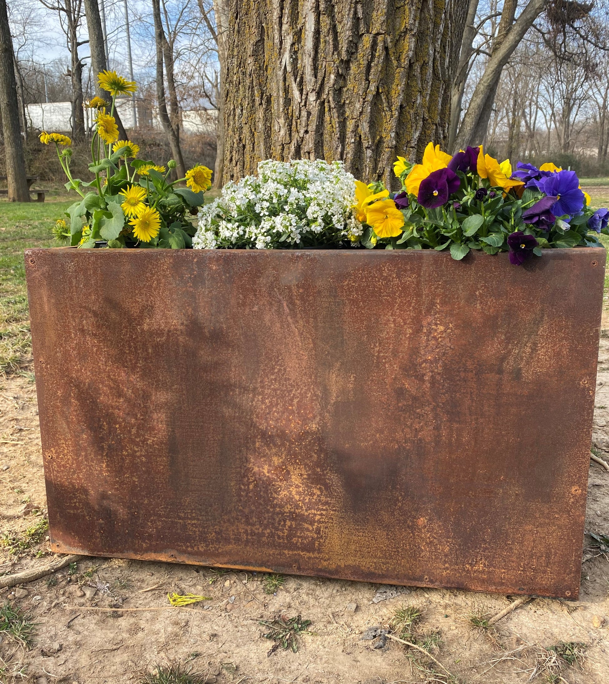 A large rectangular metal trough planter with various flowers planted in it, placed outdoors.
