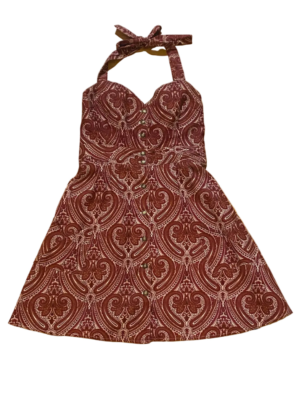 Burgundy Paisley Halter dress made from vintage bedsheets.