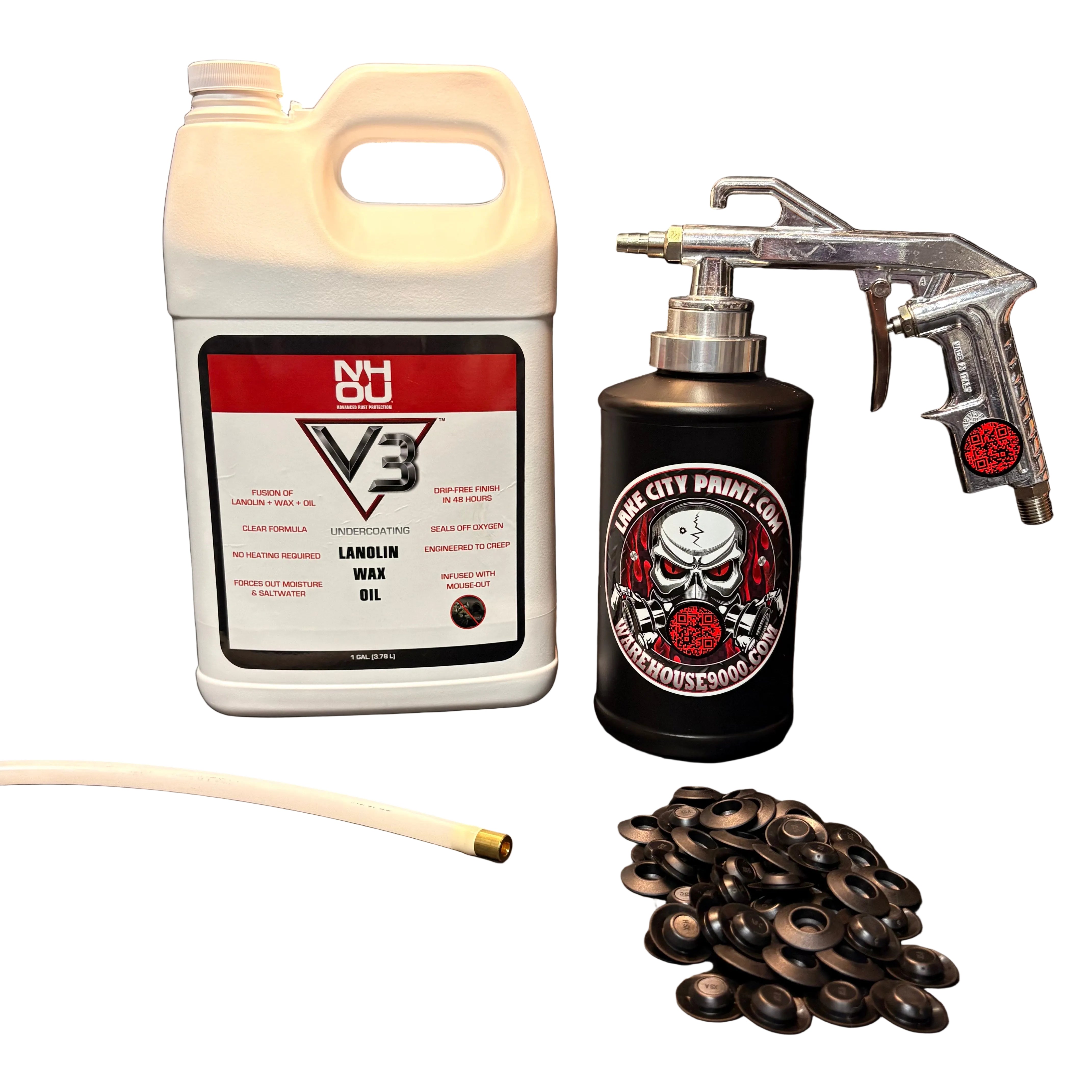 NHOU V3 undercoating kit with spray gun, quart bottles, hose and rust prevention accessories