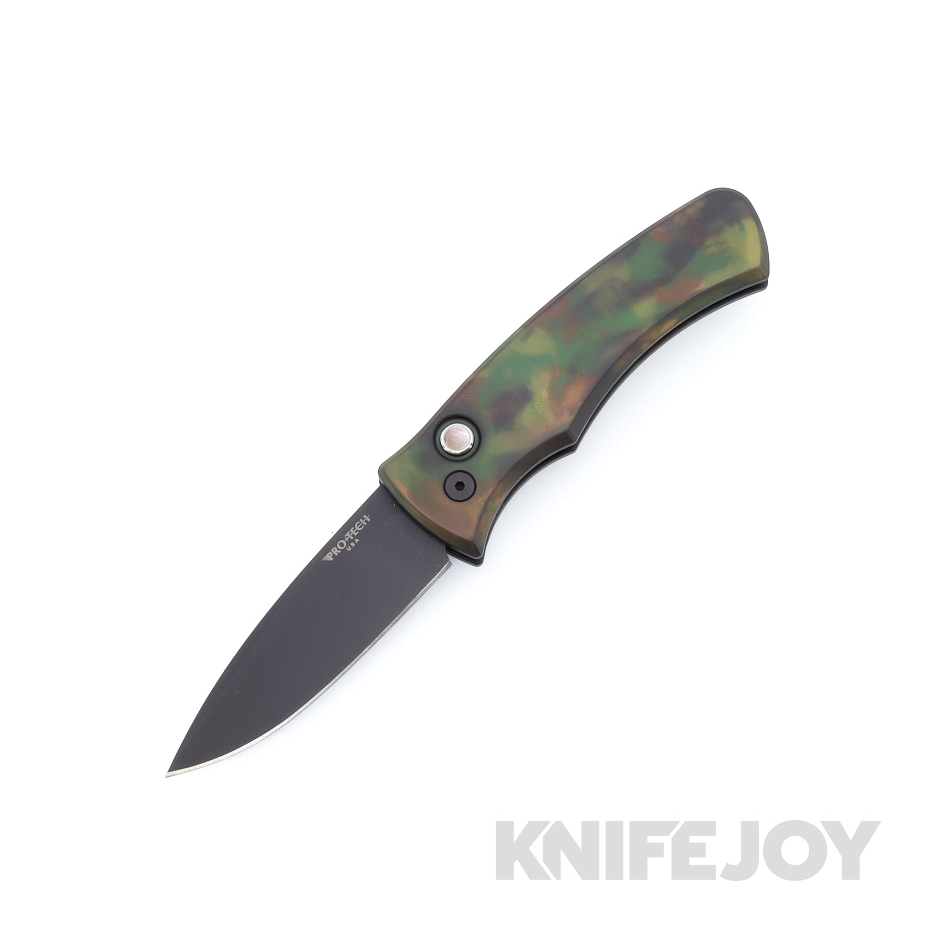 Pro-Tech Knives DUKE2103-WOODLAND Duke 2 Auto Black DLC Magnacut Blade with Custom Anodized Woodland Camo Aluminum Handles / Black Lip Pearl Button / Black Hardware and Clip