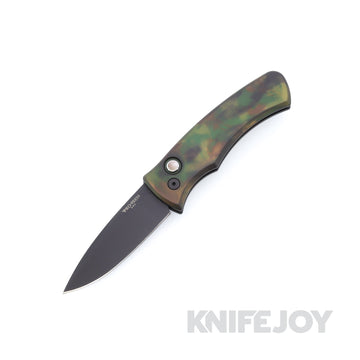 Pro-Tech Knives DUKE2103-WOODLAND Duke 2 Auto Black DLC Magnacut Blade with Custom Anodized Woodland Camo Aluminum Handles / Black Lip Pearl Button / Black Hardware and Clip
