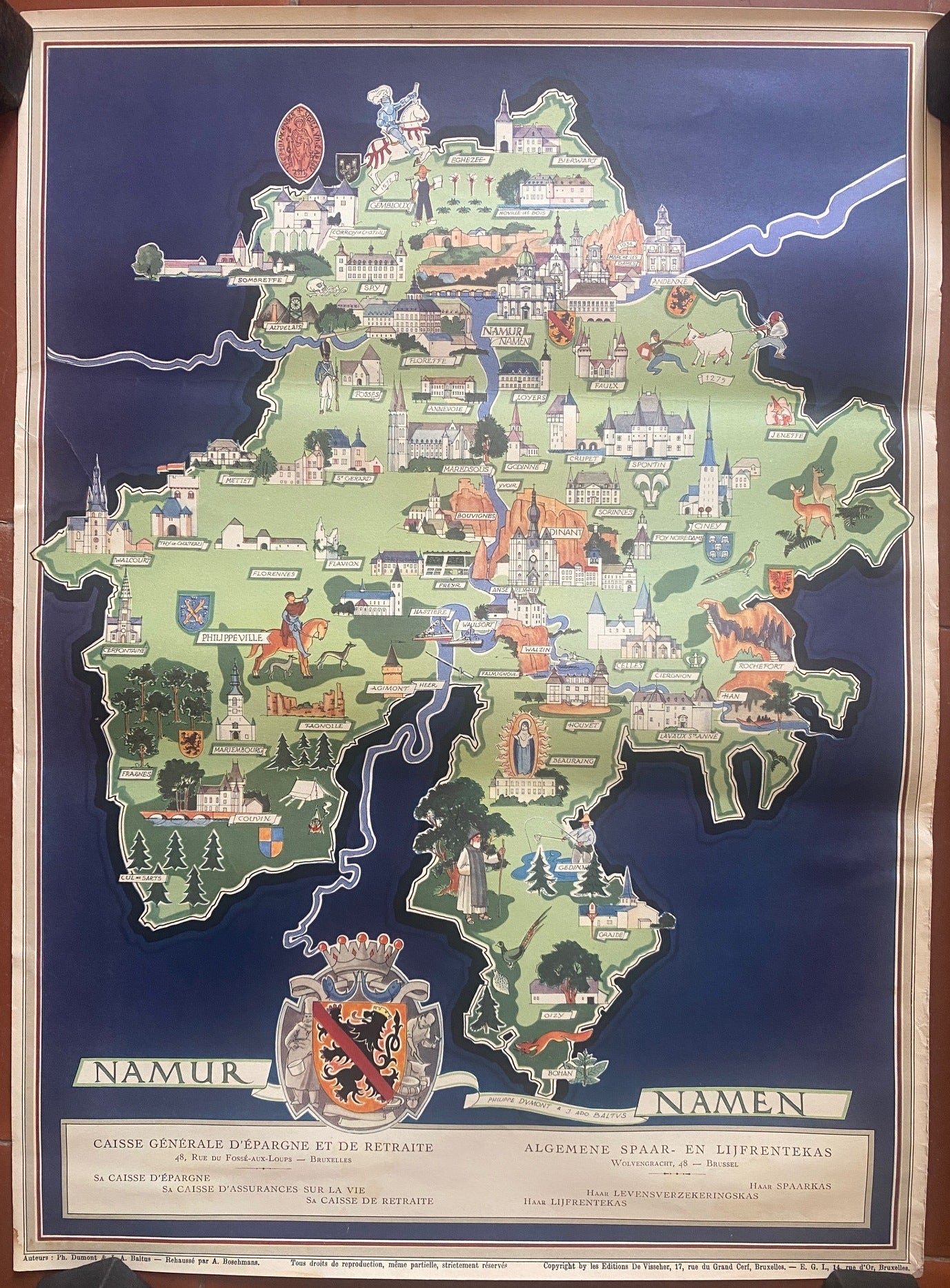 Affiche Carte Plan NAMUR NAMEN Philippe Dumont Jean Ado Baltus 29x40cm 50's