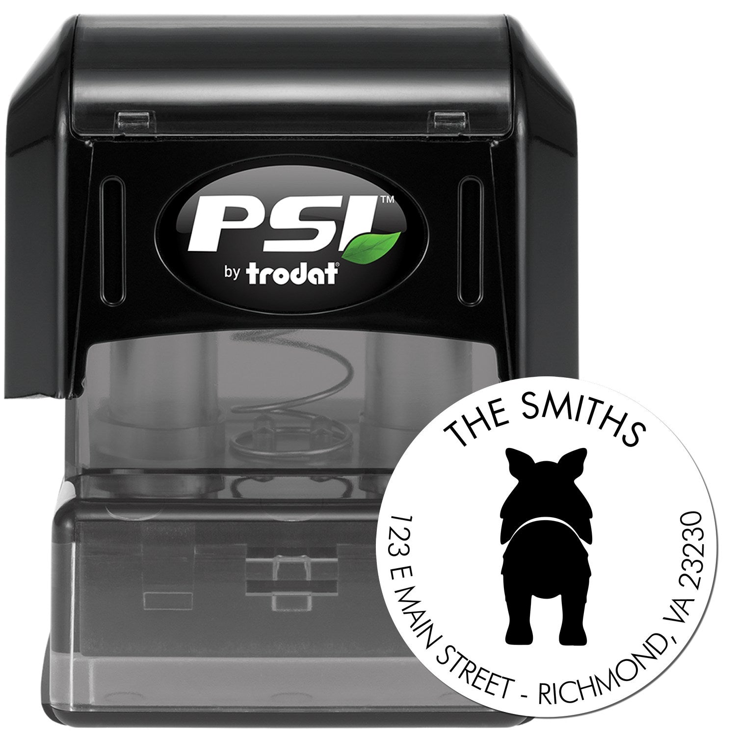 Black PSI by trodat self-inking stamp with custom round white seal reading THE SMITHS, black dog silhouette, and address.