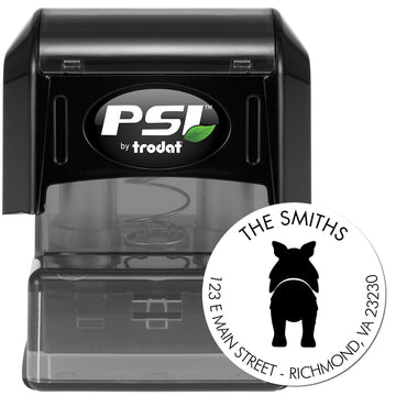Black PSI by trodat self-inking stamp with custom round white seal reading THE SMITHS, black dog silhouette, and address.