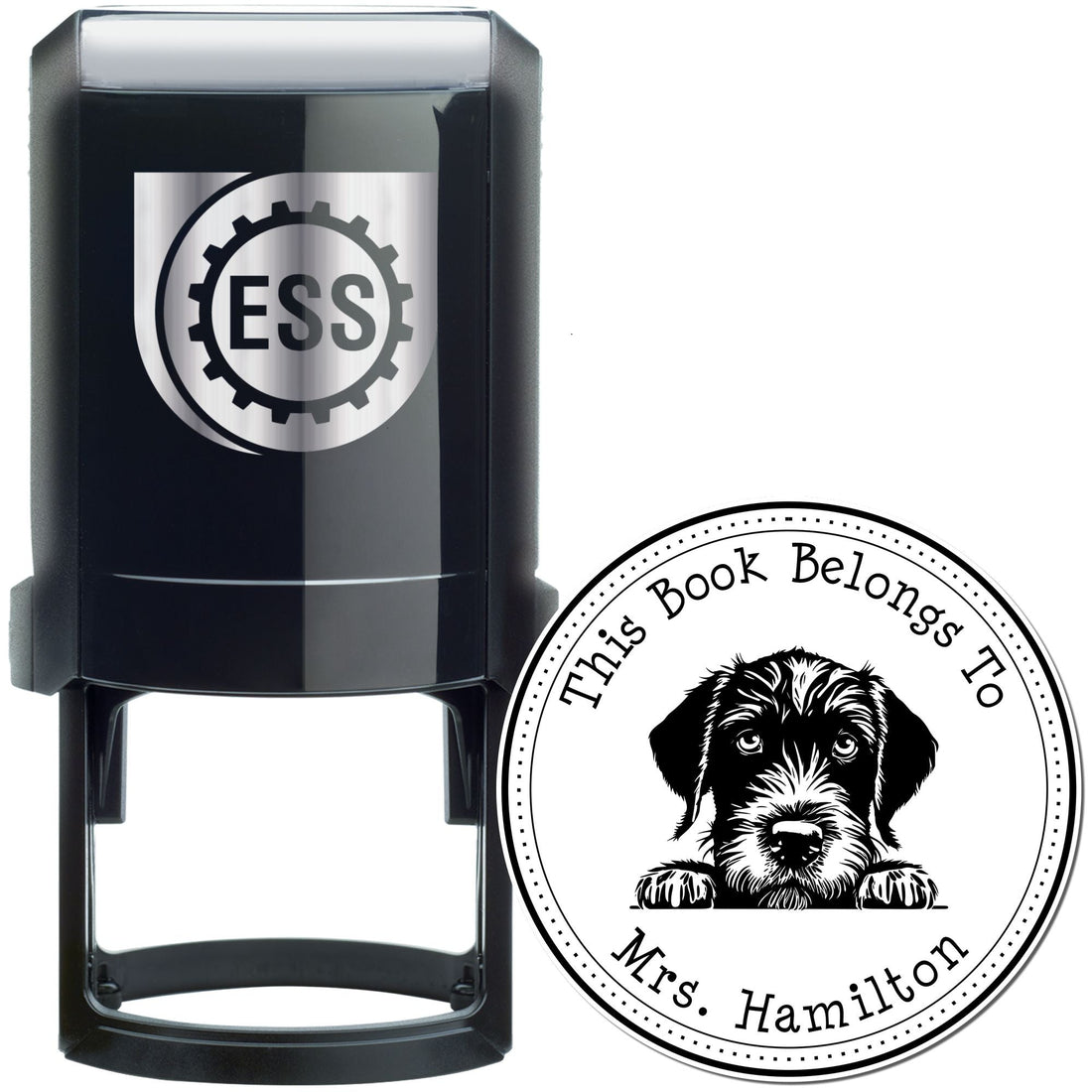 Black ESS self-inking stamp and round custom seal with dog graphic for Mrs. Hamilton's books