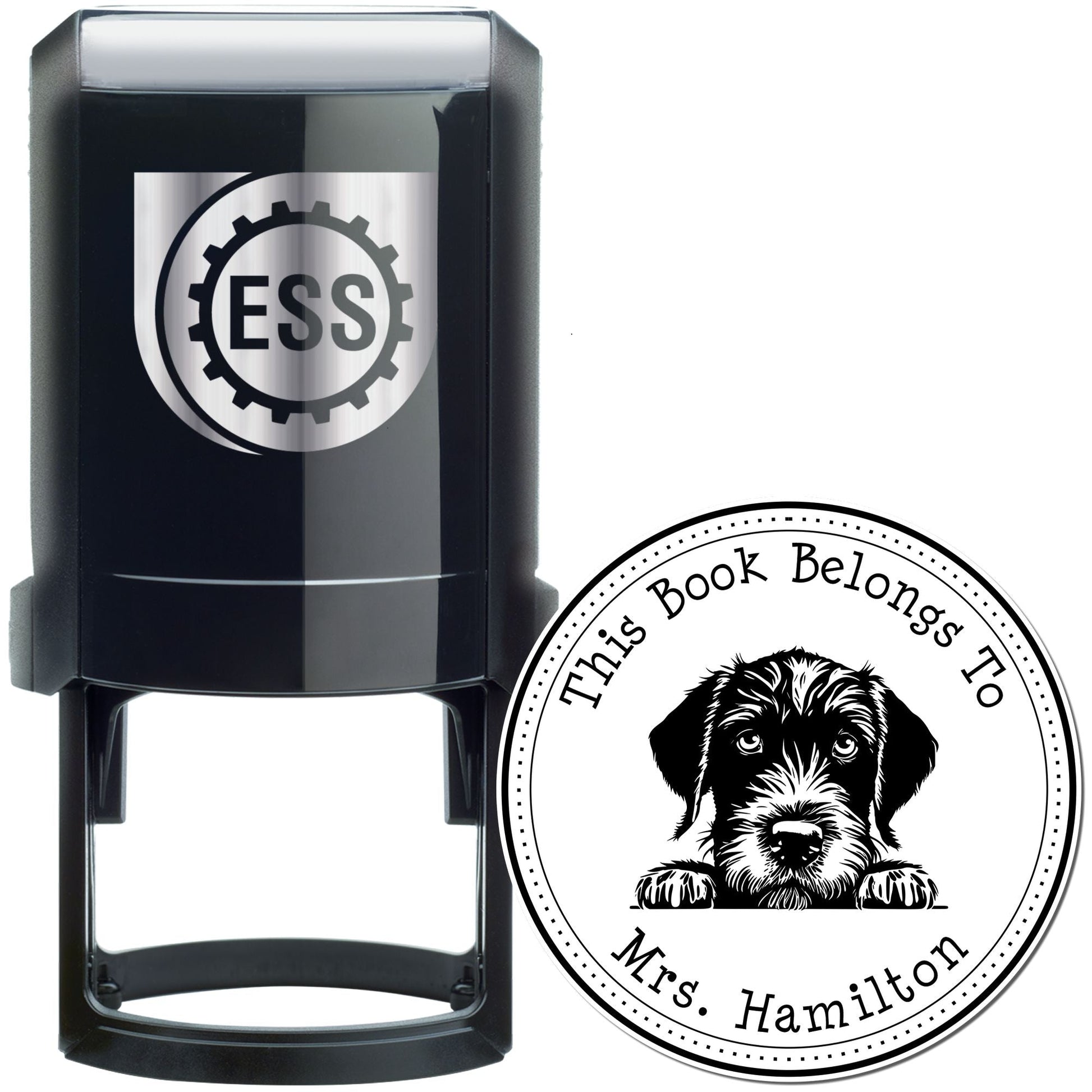 Black ESS self-inking stamp and round custom seal with dog graphic for Mrs. Hamilton's books