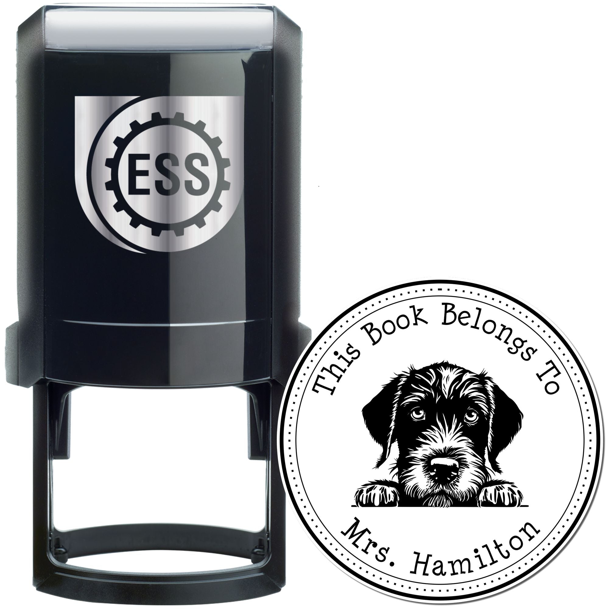 Black ESS self-inking stamp and round custom seal with dog graphic for Mrs. Hamilton's books