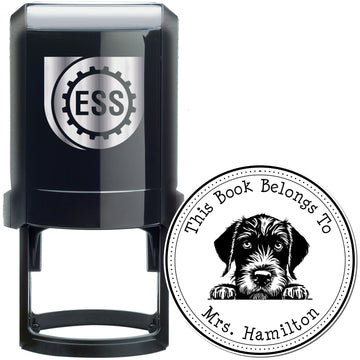 Black ESS self-inking stamp and round custom seal with dog graphic for Mrs. Hamilton's books