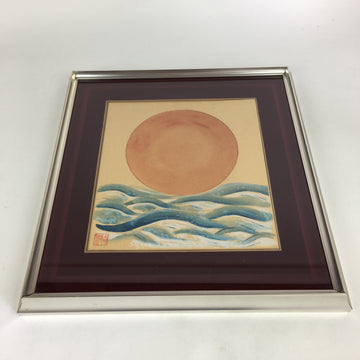 Japanese Metal Framed Shikishi Paper Art Vtg Gold Sun Ocean Painting FL62
