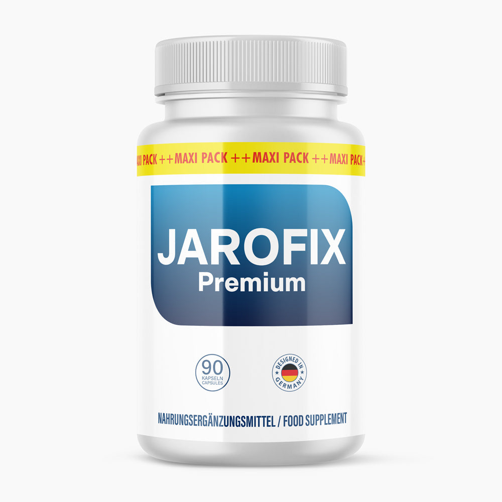 Produktbild Jarofix Premium Nahrungsergänzungsmittel in weißer Dose mit blauem Label und Deckel