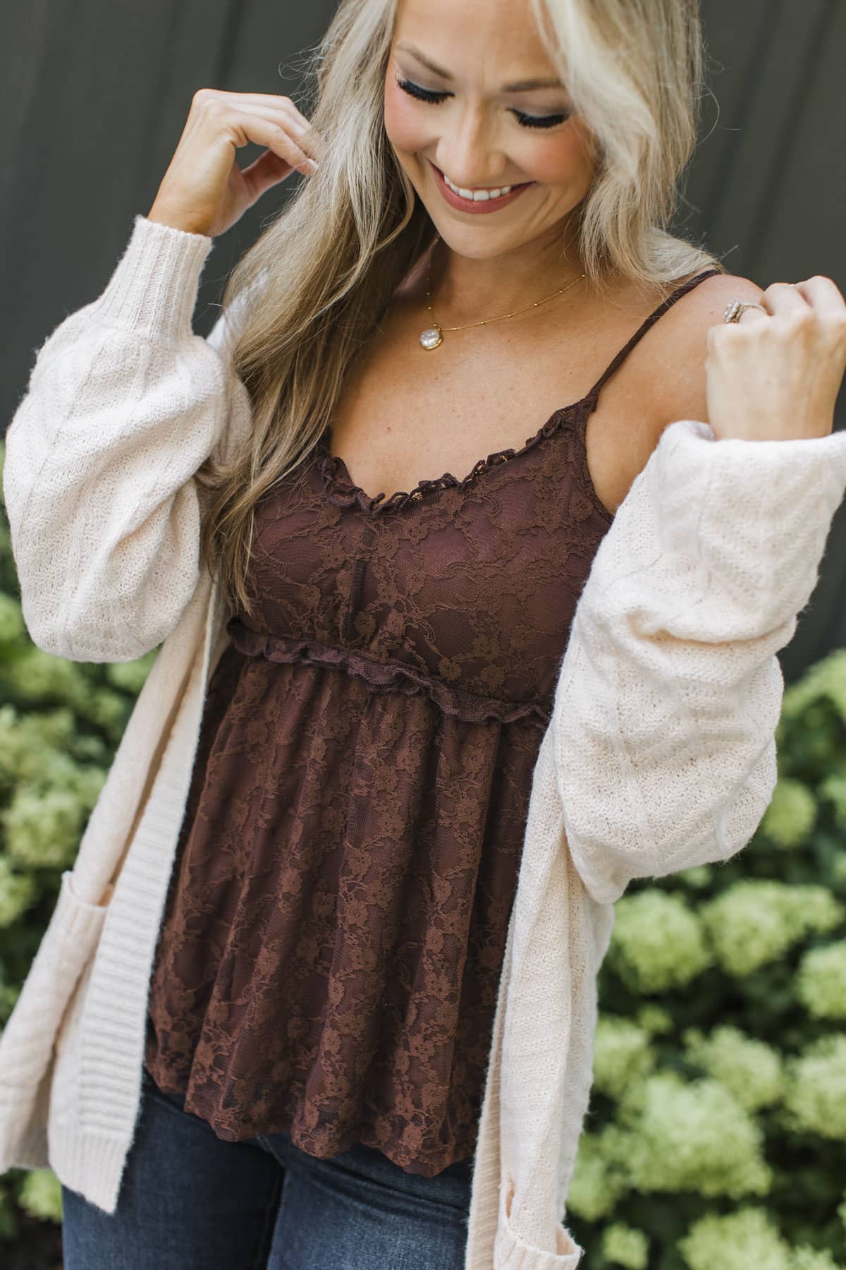 Pure Heart Essence Lace Babydoll Tank Top- Chocolate Brown