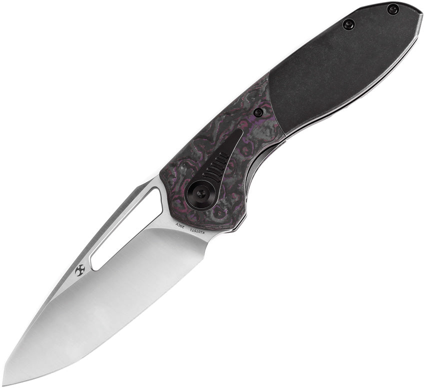 Kansept Thoth Bolster Lock purple haze handle with satin blade, angled view.
