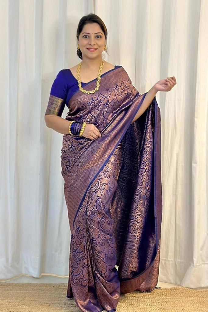 Denouement Navy Blue Soft Silk Saree With Vestigial Blouse Piece