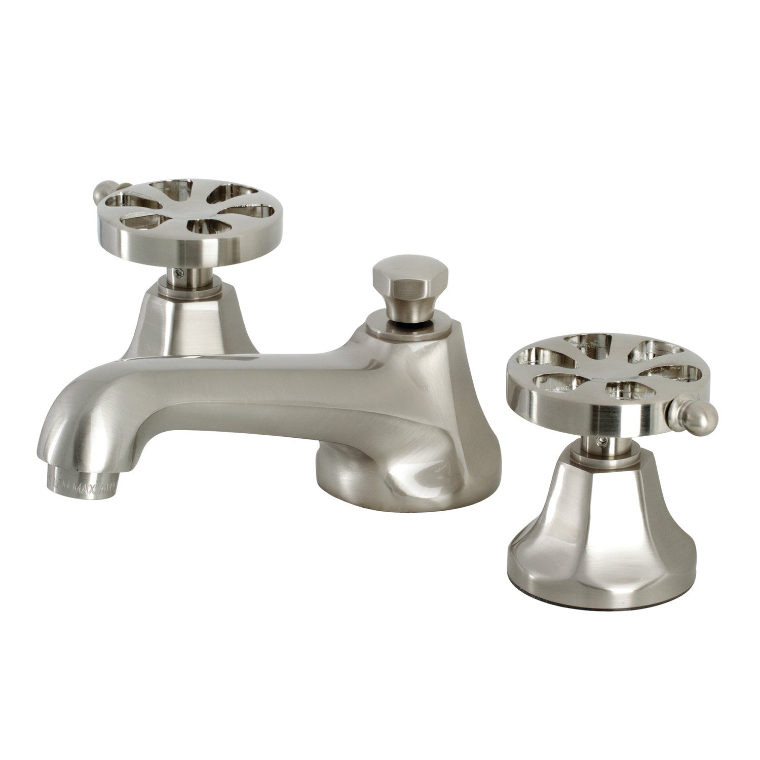 Kingston Tulare KS4468RX - Belknap Two-Handle 3-Hole Deck Mount Widespread Bathroom Faucet with Brass Pop-Up, Brushed Nickel