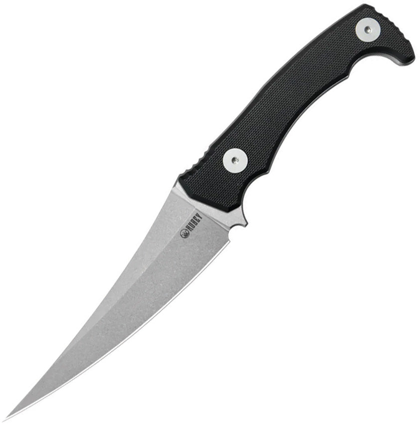 Kubey Sicarii fixed blade knife with satin steel blade and black textured handle, angled view.