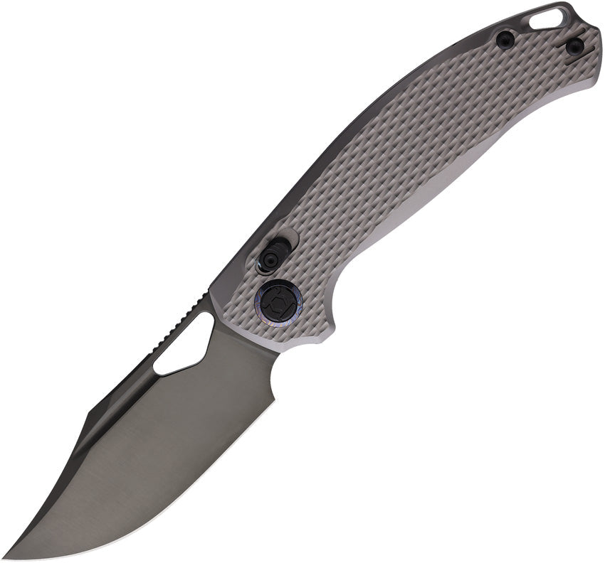 Kunwu Knives Django XL XT Lock gray titanium handle with satin blade, angled view.