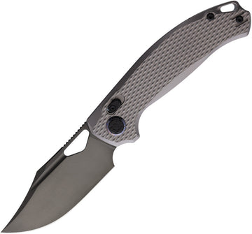 Kunwu Knives Django XL XT Lock gray titanium handle with satin blade, angled view.