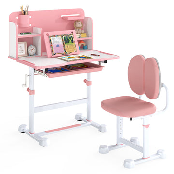 Kid's Study Desk and Chair Set with Tilt Desktop and Footrest Bar-Pink