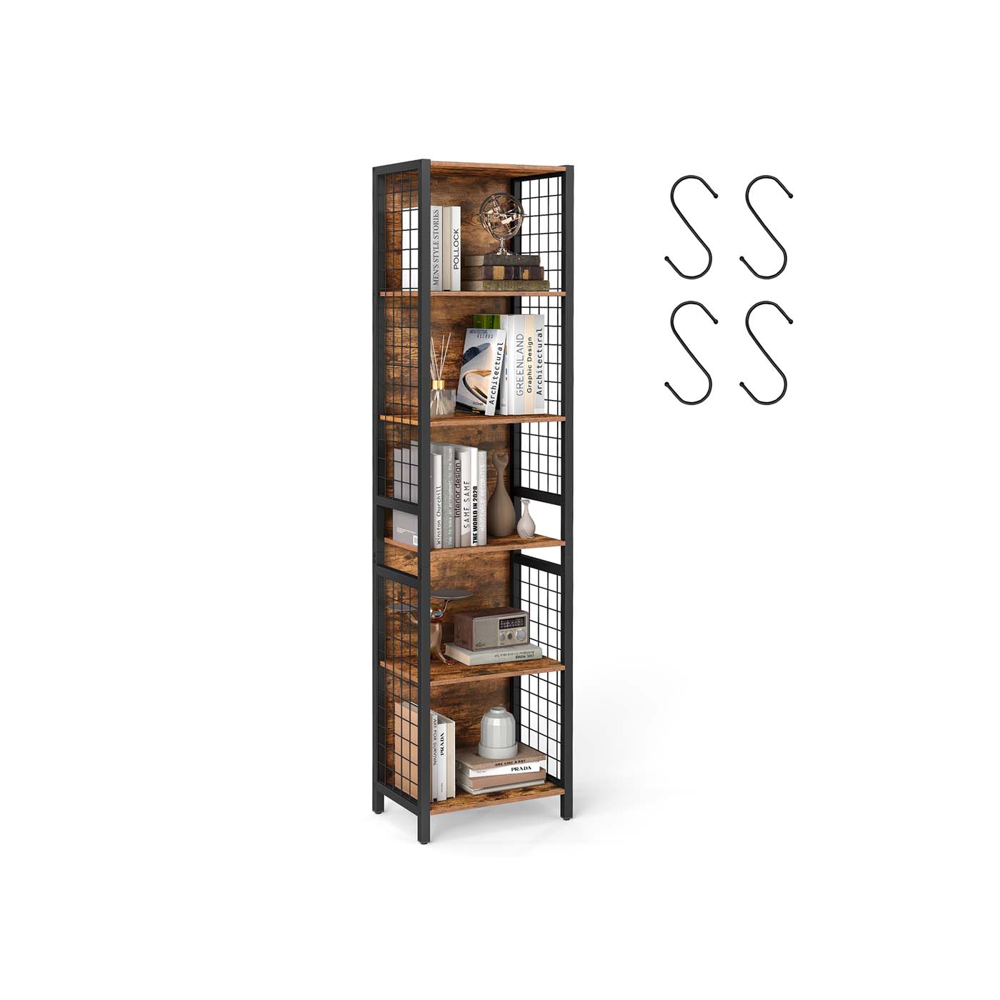 Boekenrek met 5 niveaus - Staand rek - Bruin-zwart - Hout en staal - 30x40x175.6 cm