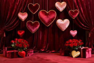 Fond photo Saint-Valentin Cœurs suspendus en velours Fond rose rouge LXX512-161